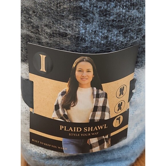 New Womens Igloos Blue/Grey PLAID SHAWL Wrap Warm And Soft - Picture 2 of 12